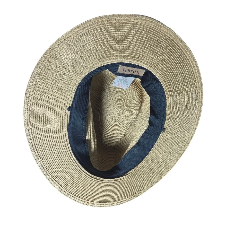 Furtalk Tan Straw Fedora Sun Hat Wide Brim M Summer Beach Resort Chic Coastal